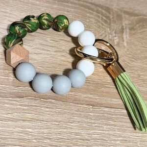 Green and White Beaded Keychain with Tassel
